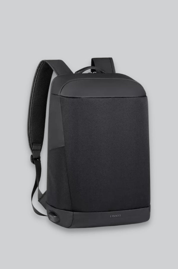 Black Backpack for work and travel waterproof minimalist scandinavian design london city urban travel organised slim sleek 