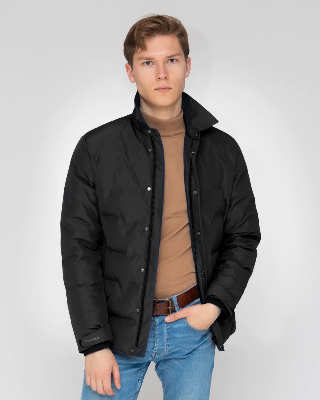 Fanacci Temper Black Jacket collar design down coat and knit cuffs for  winter  jacket. he Active Puffer Jacket has a sporty yet refined look, seeming functional for everyday wear. The premium, waterproof and windproof fabric would make it an ideal semi-casual travel piece able to withstand weather conditions.