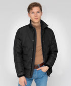 Fanacci Temper Black Jacket collar design down coat and knit cuffs for  winter  jacket. he Active Puffer Jacket has a sporty yet refined look, seeming functional for everyday wear. The premium, waterproof and windproof fabric would make it an ideal semi-casual travel piece able to withstand weather conditions.